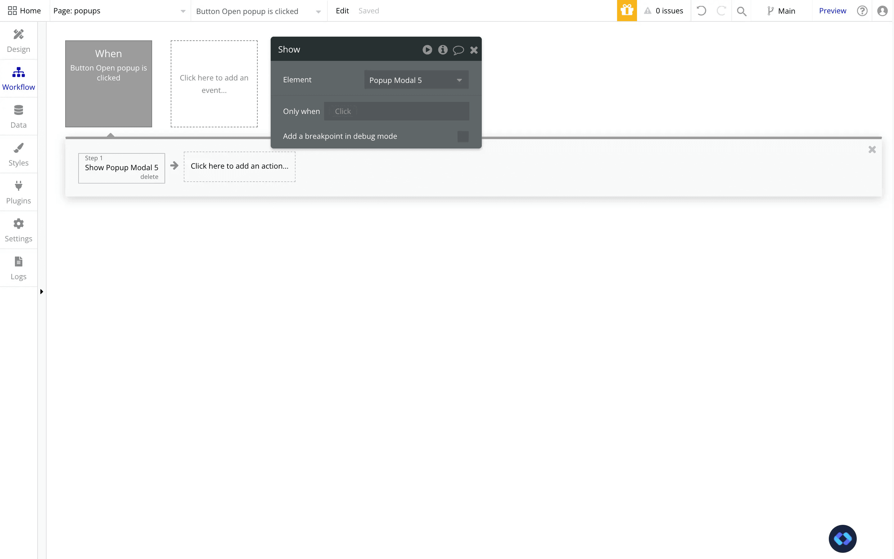 a workflow to open a popup in bubble.io