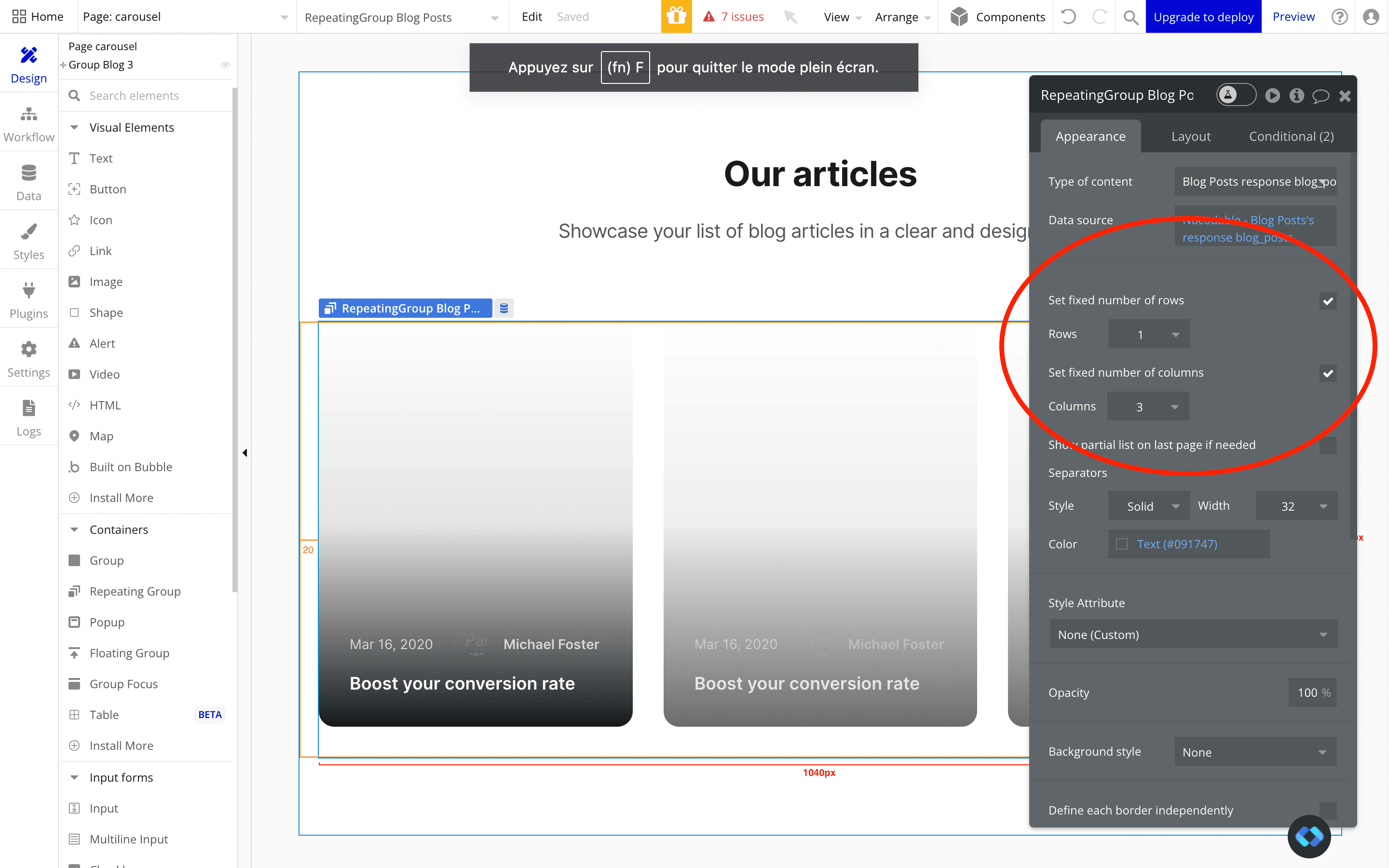 An image of the properties to be used for a carousel in bubble.io