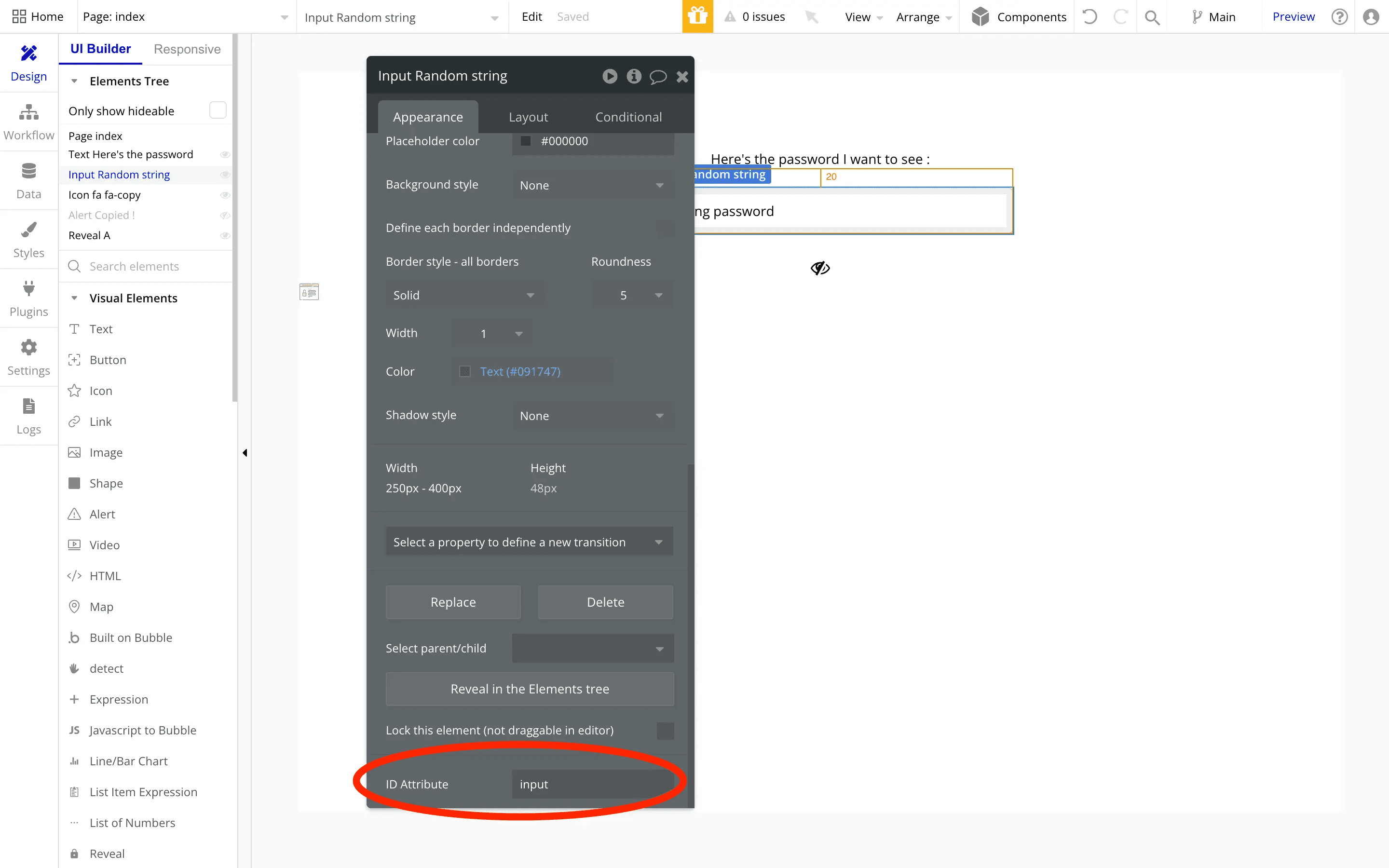 bubble.io basic workflow to reveal or hide password with a plugin