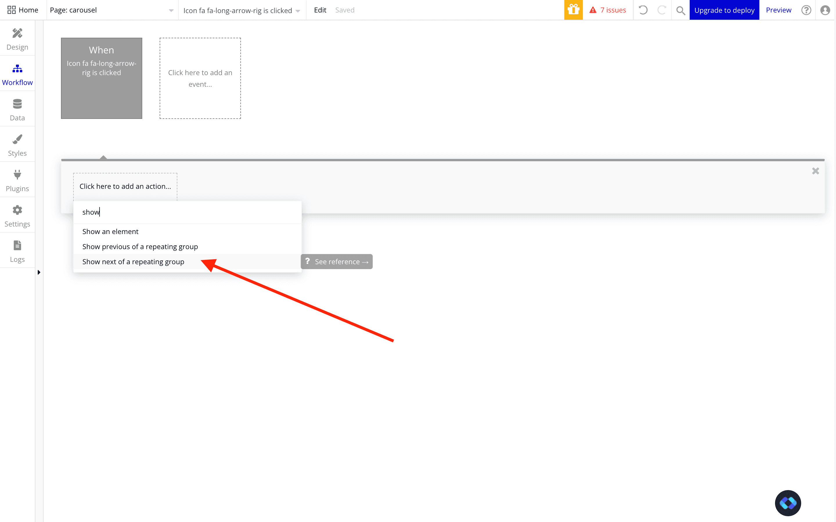 An image of a workflow that needs to be used to build a carousel in bubble.io