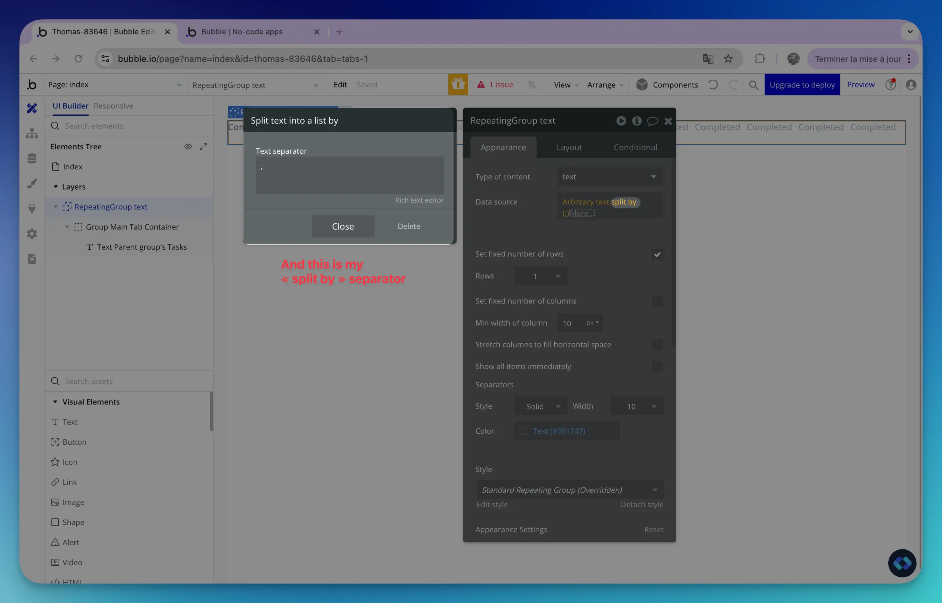 bubble.io split by operator