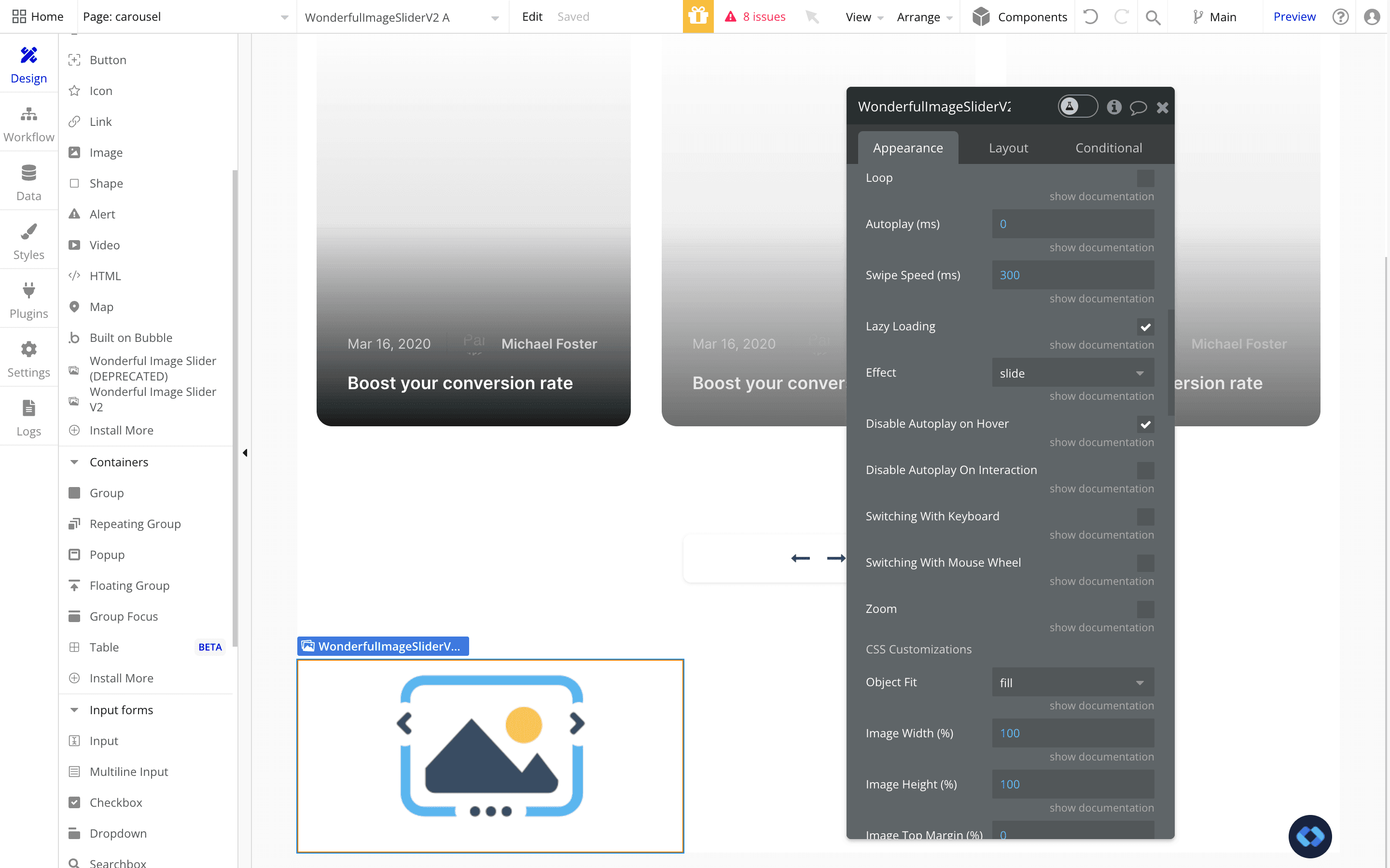 An image of a plugin in bubble.io that helps to create carousel
