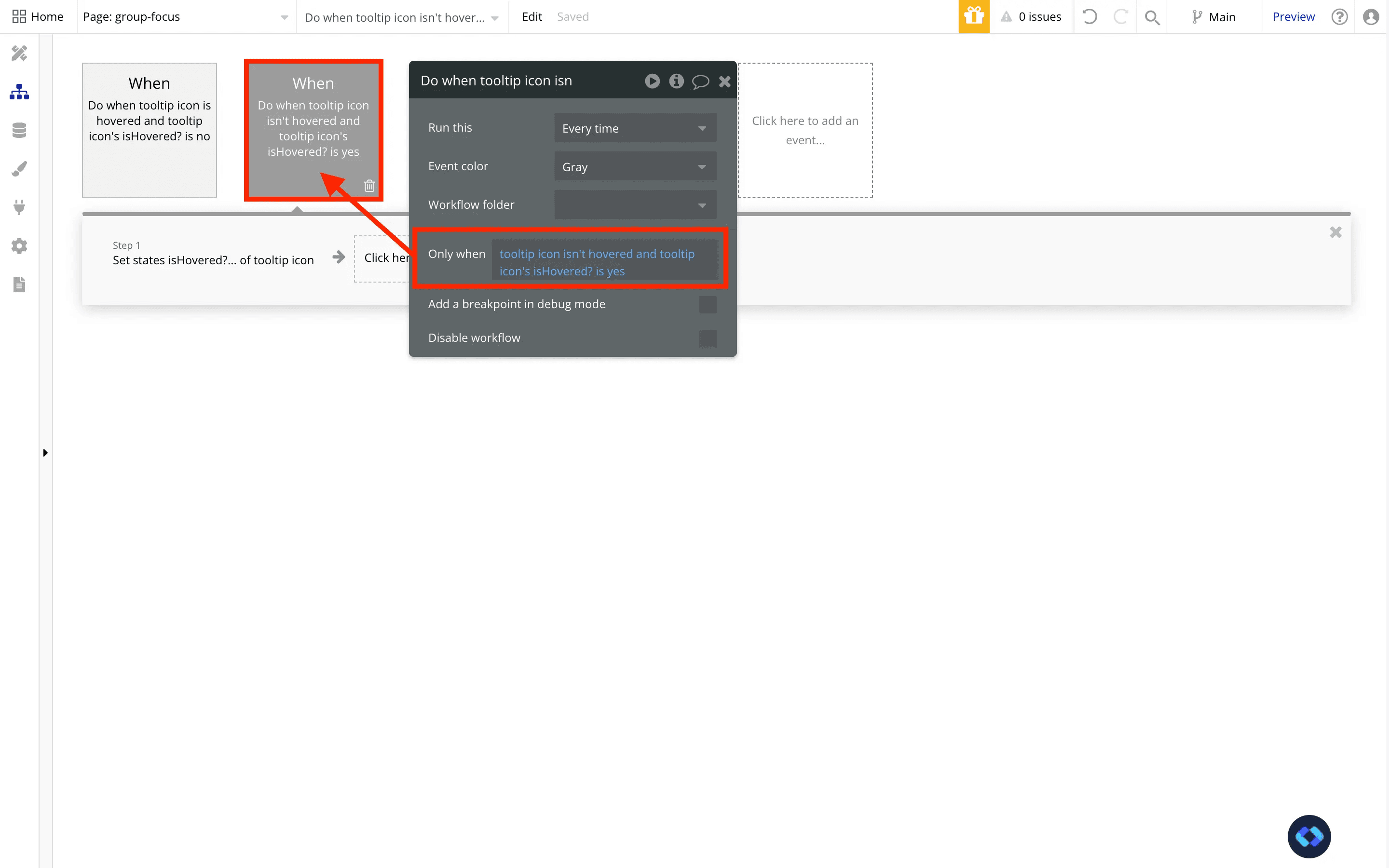 bubble.io show group focus when elements hovered