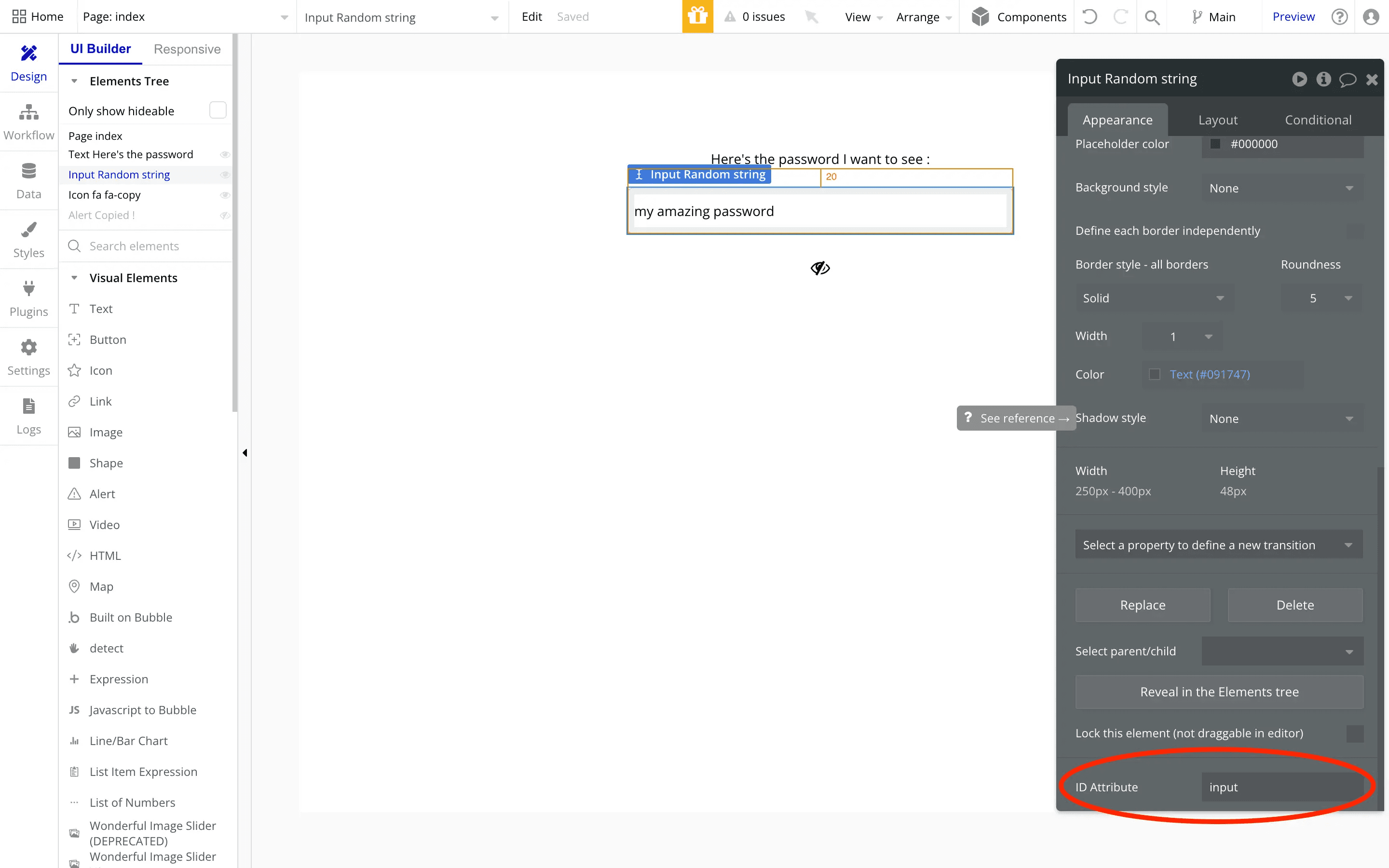 id attribute to show or hide password in bubble