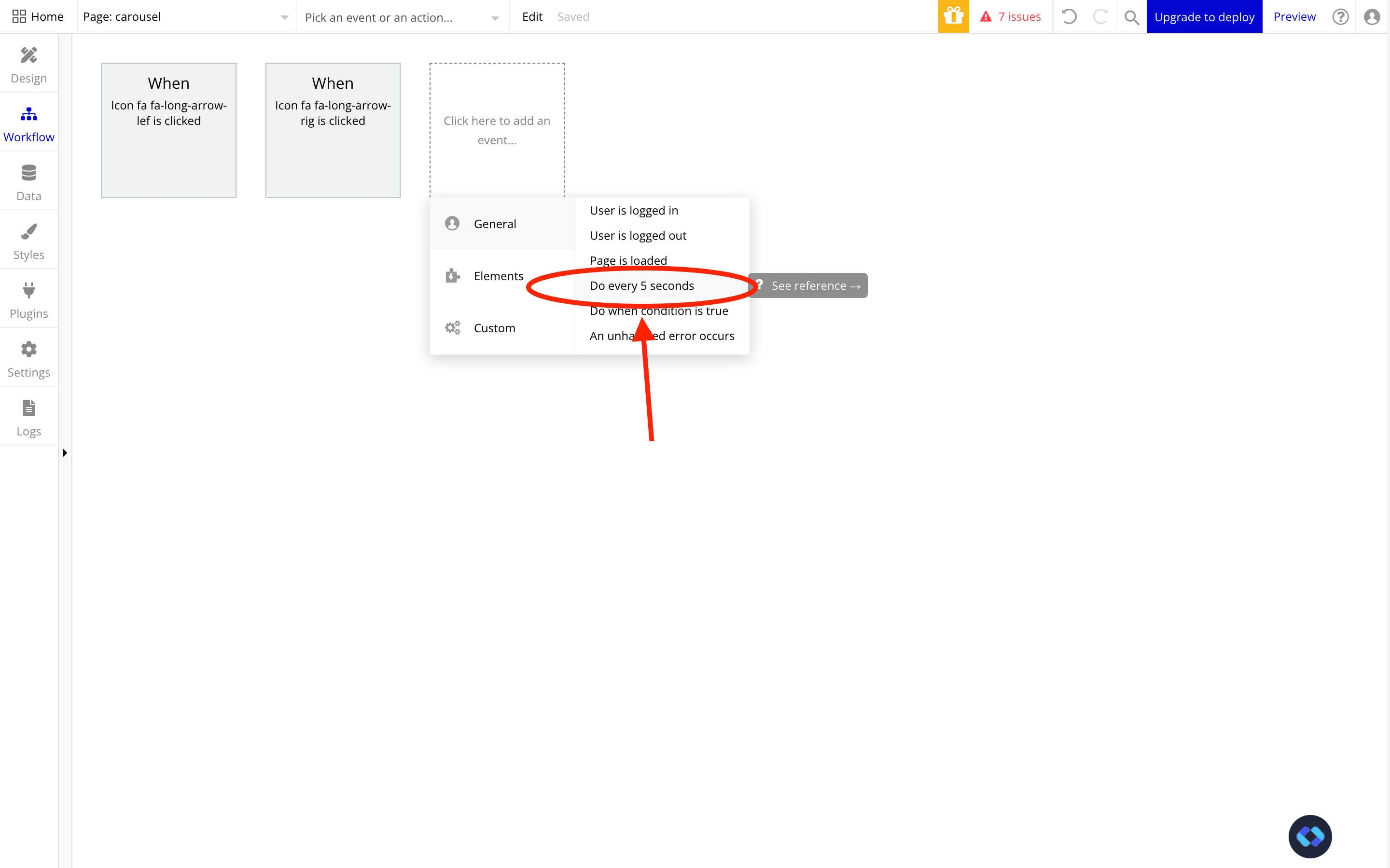 A picture of a workflow that needs to be used to create an automatic carousel in bubble.io