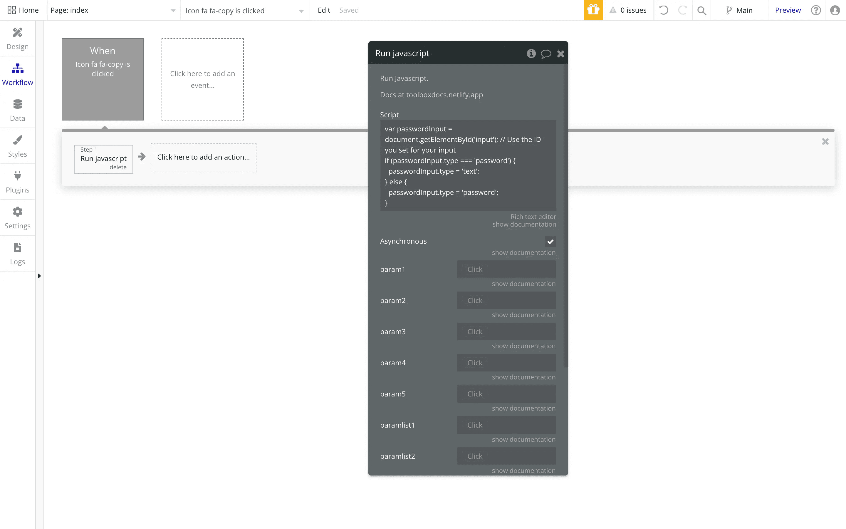 a screenshot of a show hide password workflow in bubble.io