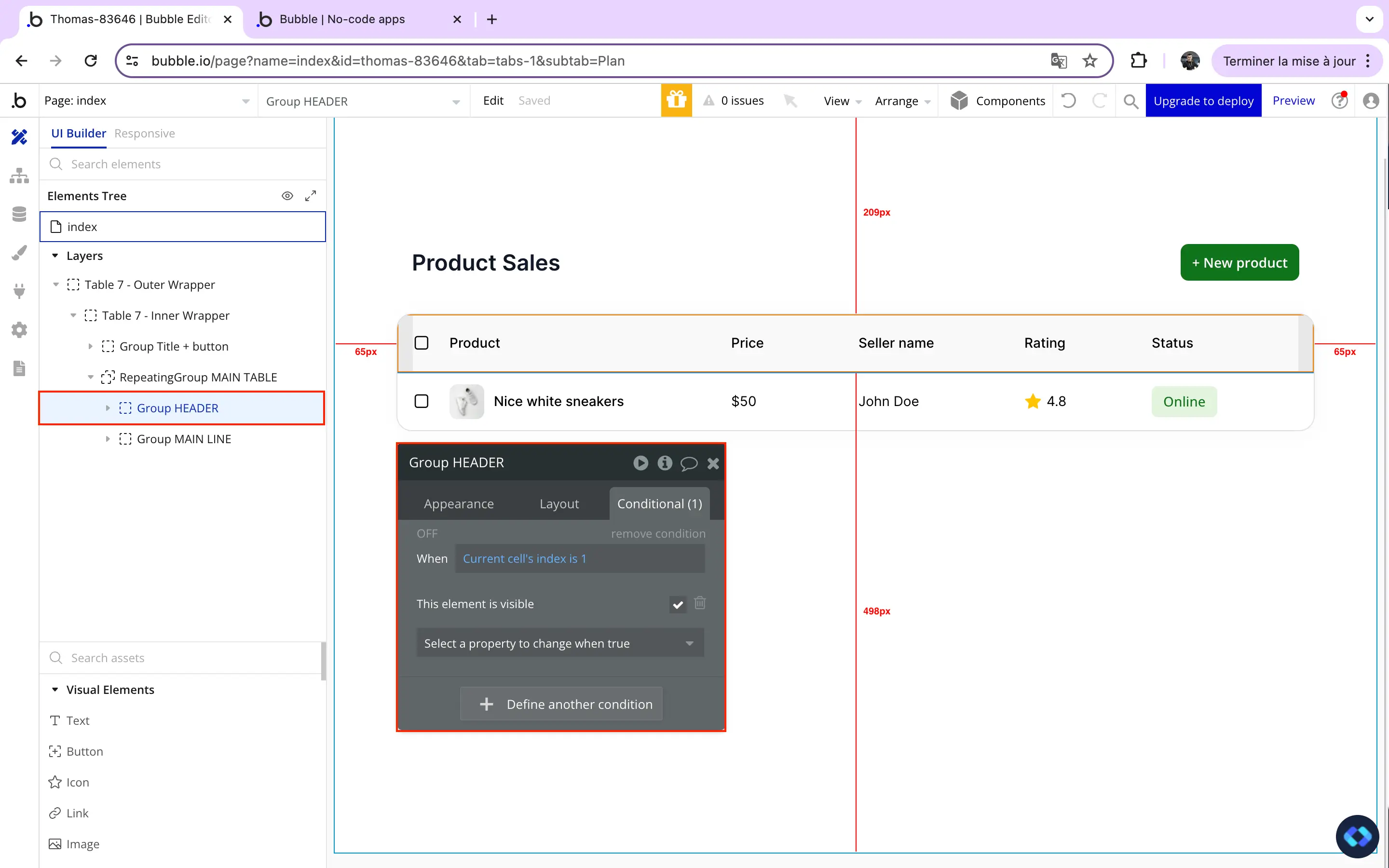 bubble.io table header in repeating group