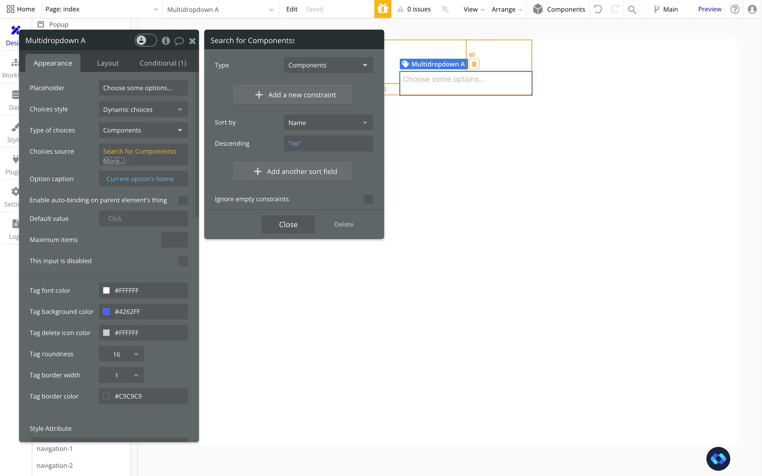 an example of the configuration of a multiselect dropdown in bubble.io