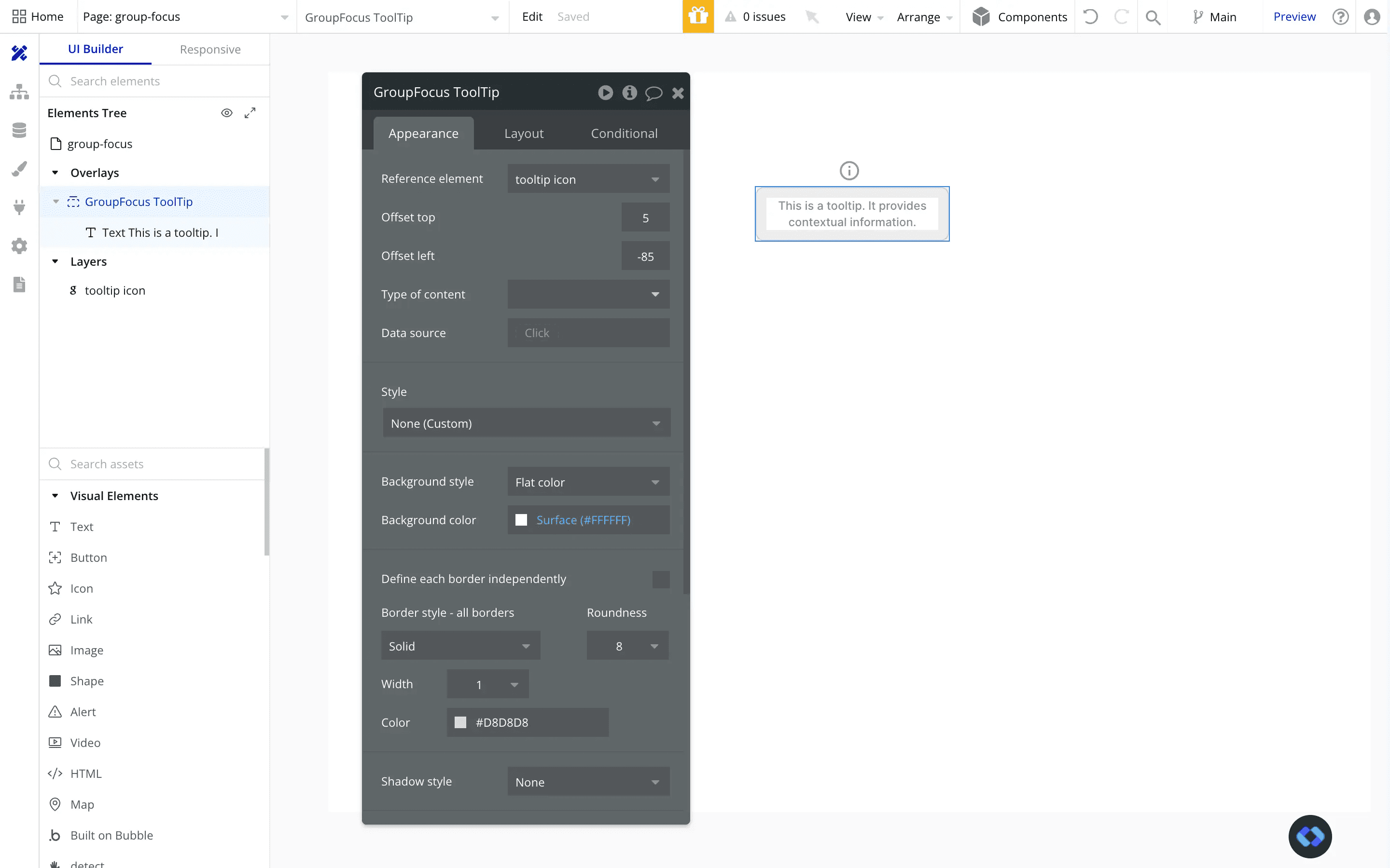 bubble.io show group focus on hover